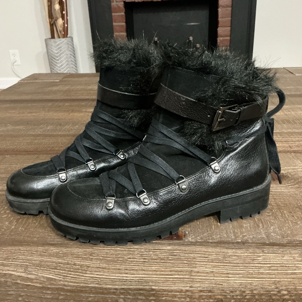 Nine West Orynne black leather suede winter boots faux fur Sz 8.5